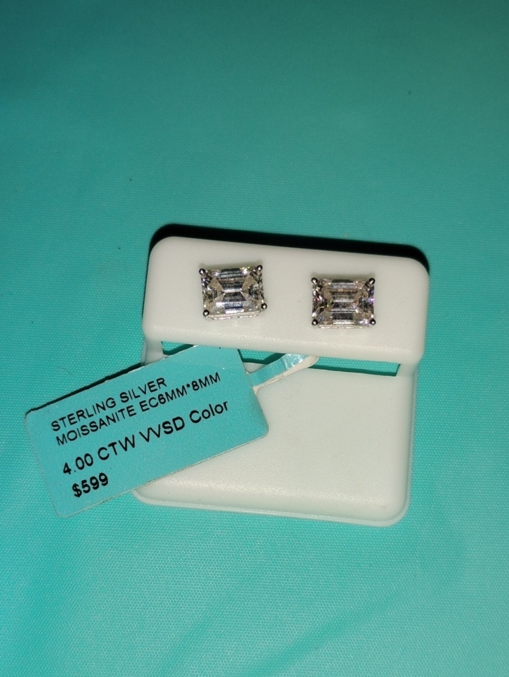 Sterling Silver Emerald-Cut Moissanite Stud Earrings - Clear - Picture 1 of 4